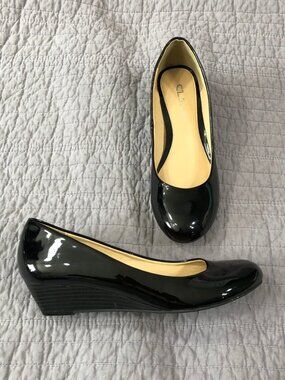 CL by Laundry Wedge Ballerina Women 9 Black Patent Office Career Vegan